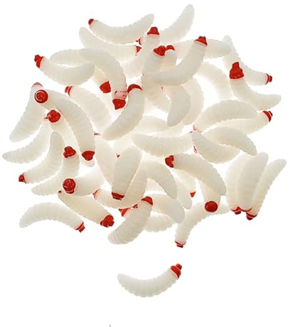 50pcs-1Inch Bass Fishing Worms Lures,Silicone Soft Maggot Baits Bread Worm Fishing Lure,5 Color (White)
