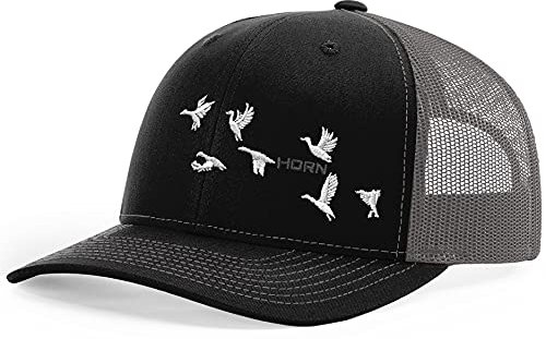 Horn Gear Trucker Hat - Hunters Series Caps - Duck Flock Edition Hats - High Air-Flow Cooling Mesh Design (Black/Charcoal)
