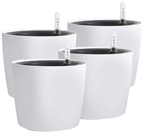 KINJOEK Confezione da 4 fioriere autoirriganti da 17,8 cm, con indicatore del livello dell'acqua, vaso da fiori bianco decorativo da giardino moderno per piante domestiche, fiori, violette africane,