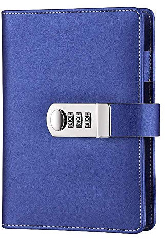 A6 Refillable Binder Notebook PU Leather Lockable Notebook Diary Journal Sketchbook Daily Planner Agenda Notepad with Code Lock, Pen Holder and Card Slots (Dark Blue)