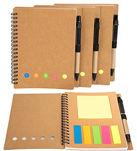 Spiral Notizbuch Spiralbuch Kraftpapier-Abdeckung Notizblock Tagebuch Notizheft mit Stift im Halter & Haftnotizen & Bunt Haftmarker Film für Schule, Büro, Haus 4 Stück