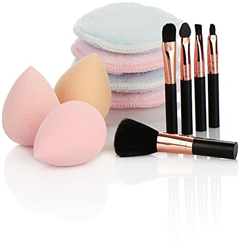 com-four® 12-teiliges Schminkset, Kosmetik-Pinsel, Make-Up Schwämme | Gesichtsreinigungspads - ideal für Pulver - Creme und Flüssigkeit [Auswahl variiert]