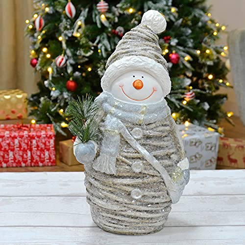 Mr Crimbo Large Christmas Decoration Rustic Ceramic Figure Pine Branch 45cm - Snowman