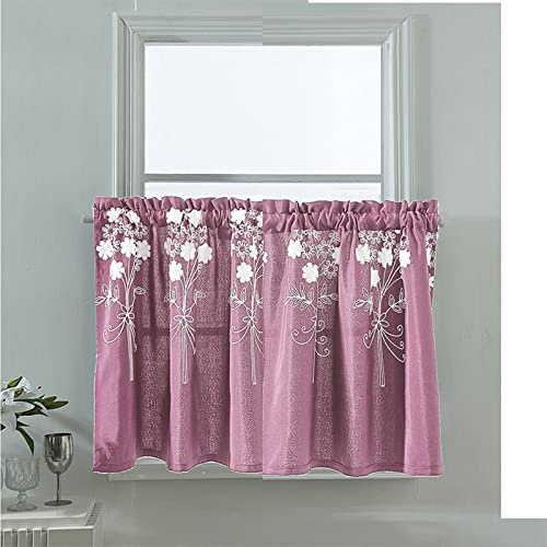 A.Monamour Tenda corta da cucina per finestra piccola con tasca per bastone, motivo floreale ricamato, in tessuto, mezza tenda, mantovana per finestra, colore rosa