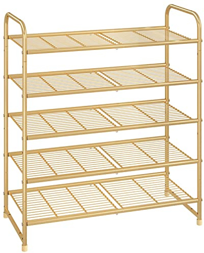 Simple Trending 5-Tier Stackable Shoe Rack, Expandable & Adjustable Shoe Organizer Storage Shelf, Wire Grid, Golden Yellow