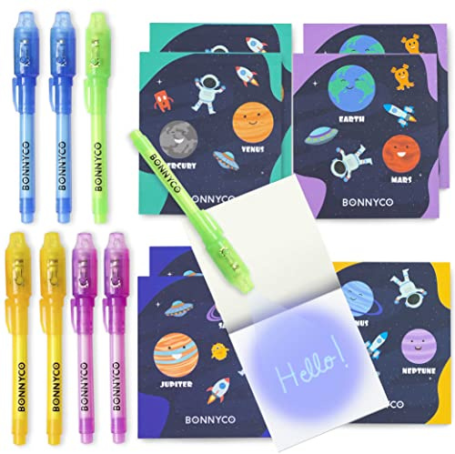 BONNYCO Boligrafo Tinta Invisible y Libreta del Espacio, Pack de 8 Regalos Cumpleaños Niños Colegio. Detalles Cumpleaños Niños, Relleno Piñata. Regalos Alumnos Primaria, Fiesta Infantil Galaxia