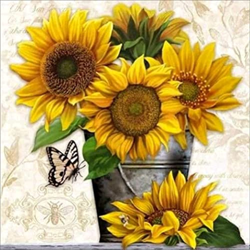 Meecaa Kreuzstich-Set, 11-fädig, geprägt, Sonnenblumen-Eimer, Schmetterling, Blume, Stickset mit Zubehör, vorgedruckt (36 x 36 cm) (Sonnenblume)
