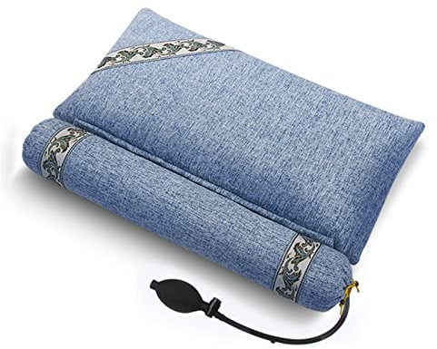 WRJAHCG Kopfkissen mit Füllung aus Buchweizenspelz, Manuell aufblasbarer Nacken zur Linderung von Schlafschmerzen, Schulterstütze,Pure Blue