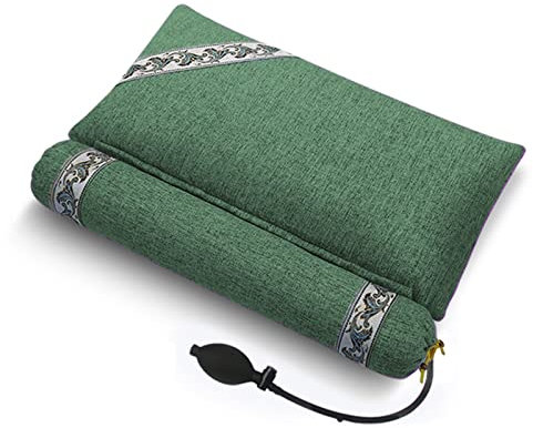 WRJAHCG Kopfkissen mit Füllung aus Buchweizenspelz, Manuell aufblasbarer Nacken zur Linderung von Schlafschmerzen, Schulterstütze,Dark Green