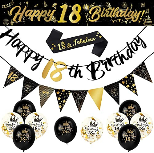 Happy 18th Birthday Decorations Banners Balloon for Him Black & Gold | Birthday Straps 9ft Banner Triangle Flags Confetti Latex Balloons