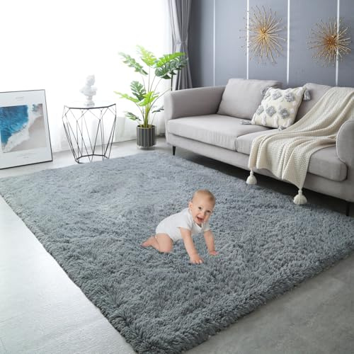 Gsogcax Flauschiger Teppich für Schlafzimmer, Wohnzimmer, 18 x 24 cm, zottelig, rutschfest, bequem, groß, für den Innenbereich, superweich, moderne Heimdekoration, Bodenteppich, rauchgrau, 200 x 300