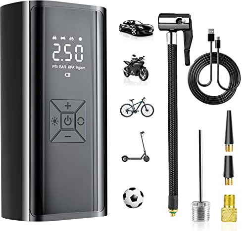 Bomba de Aire Eléctrica con Batería de 6000mAh, 150 PSI Compresor Eléctrico Portátil con Pantalla LCD Digital/luz LED, Bomba de Neumáticos para Coche, Moto, Bicicleta, Pelotas y Anillos de Natación