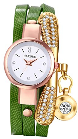 JewelryWe Uhren Damen Analog Quarz Armbanduhr Retro Geschichtet Wickelarmband Damenuhr Strass Diamant Verstellbar Leder Armband Lässige Uhr für Frauen