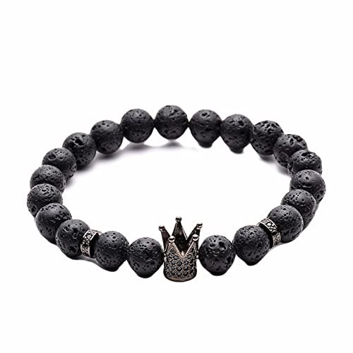 Whoiy Perlenarmband Damen, Armband Schwarz Elegant Kupfer 8mm Lavastein Kronenarmband Geburtstagsgeschenk Perlenarmband für Ihn 19cm