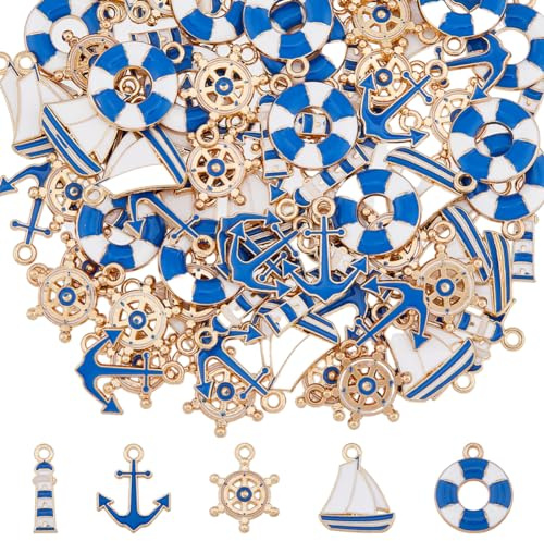 DICOSMETIC 80 Stück 5 Stile Emaille Nautische Anhänger Hellgoldener Anker Charms Legierung Leuchtturm Charme Ruder Kompass Charms Blaue Rettungsring Segelboot Charm Für Die Schmuckherstellung