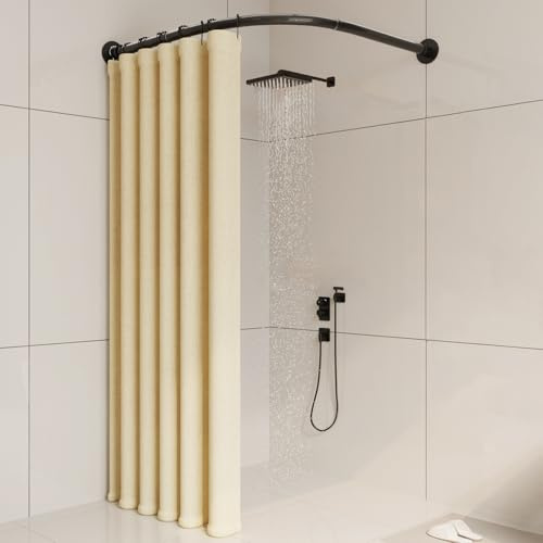 Verstellbare Duschvorhangstange L Form, Gebogene duschstange für duschvorhang Edelstahl, Bohrer oder ohne Bohrer, für Badezimmer Badewanne Umkleidekabinen (Size:B 70-95cm x 90-130cm,Color:Schwarz)