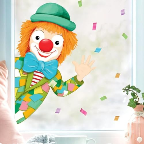Wandtattoo Loft Fensterbild Karneval Clown von der Seite wiederverwendbar Frühling bunte Geburtstag Fasching farbig, 2. A3 Bogen, Von Links