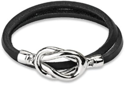 Paula & Fritz® Armband Herren Kunst-Leder Schwarz Silber 200-mm Lang 4-mm Breit Edelstahl Kinder Damenarmband Armschmuck Doppelschlaufen Stahl-Knoten