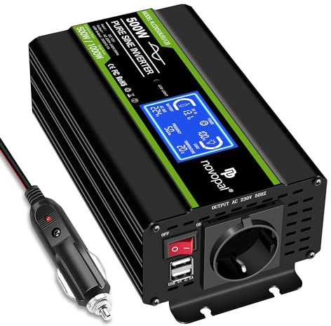 NOVOPAL 500W Wechselrichter 12V auf 230V 220V Reiner Sinus Spannungswandler mit intelligenter LCD-Anzeige - EU-Stecker mit USB-Ausgang