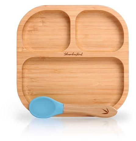 bambuskind SkyblueI - Piatto per bambini con ventosa, con ricette Ebook I piatto antiscivolo in bambù con cucchiaio, set di stoviglie per bambini per imparare a mangiare, senza plastica nociva