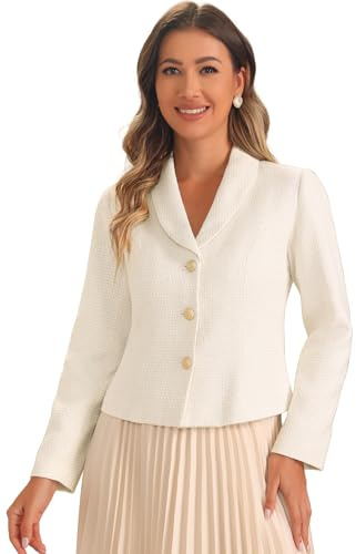 Allegra K Damen Tweed-Blazer Reverskragen Lange Ärmel Blazer Jacken Weiß M