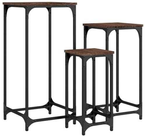 Makastle Beistelltisch 3er Set, Couchtisch, Satztisch, Stapelbar Sofatisch, Kaffeetisch für Wohnzimmer und Balkon, Einfacher Aufbau, Industrie-Design, Braun Eichen-Optik