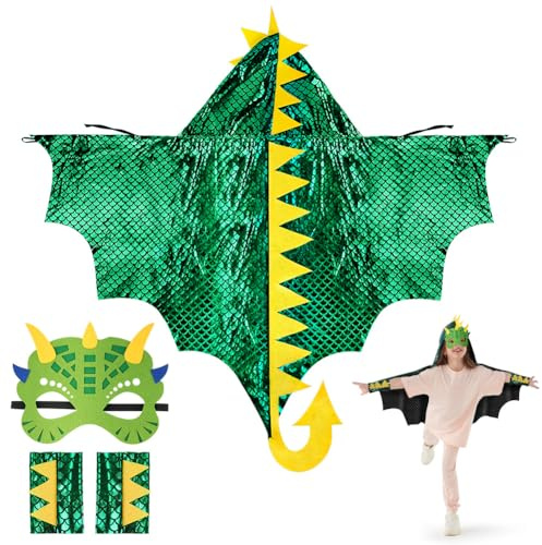 Aomig 3 Pcs Dinosaur Costume for Kids, Children Dinosaur Cloak with Mask and Sleeves, Dragon Fancy Dress Costume for Boys Girls, Dragon Costume for Halloween Carnival Party Birthday Cosplay 110CM