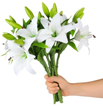 TONGMAN 6 Bundles Artificial Tiger Lily Flowers White Touch Lilies Flower Bouquet Faux Floral Table Centerpieces Arrangement for Wedding Home Party Garden Office Decor (White)