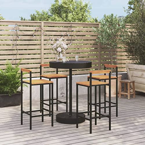 WEMYUFURN 5-TLG. Gartenbar-Set Schwarz Poly Rattan & Massivholz Akazie, Outdoor-Sitzgruppe, Terrassen-Lounge-Set, Garten-Couchgarnitur - Wetterbeständig, Komfortabel - für Terrasse, Garten und Balkon