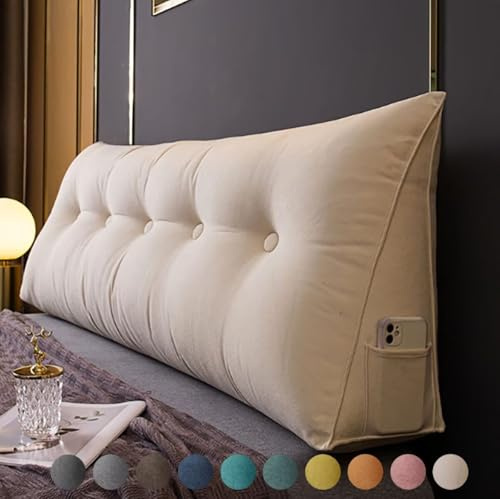 Bettkissen Rückenlehne 200cm Beige, Rückenkissen Bett Keil Kopfteil Kissen, Waschbar Abnehmbar Rückenstützkissen Lendenkissen mit Seitentasche, Bequemes Groß Wandkissen Lesekissen für Bett und Sofa
