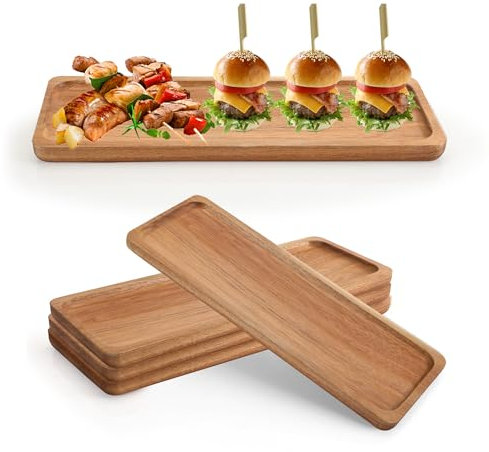 Aramanara 4 pcs Wood Serving Platter, 29.5 x 13 cm Wood Serving Tray, Rectangular Wooden Platters for Party Food, Fruit, Charcuterie, Appetizer, Sushi