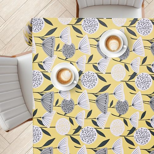 KP HOME Floral PVC Table Cloth Wipe Clean Tablecloth with Glitter Effect - Rectangular 78.7x 55.1 - 200x140 cm Yellow Waterproof and Wipeable Plastic Table Cover With Large Grey Flowers Oilcloth