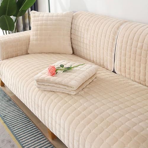 Generisch Samt Sofabezug 1 2 3 4 Sitzer, Hund Katze Sofaschoner Antirutsch Couch überzug L Form, Weiche Sofa überzug Ecksofa Sofa-Schutzhülle Mit Rutschfester Unterlage,Beige,90x160cm