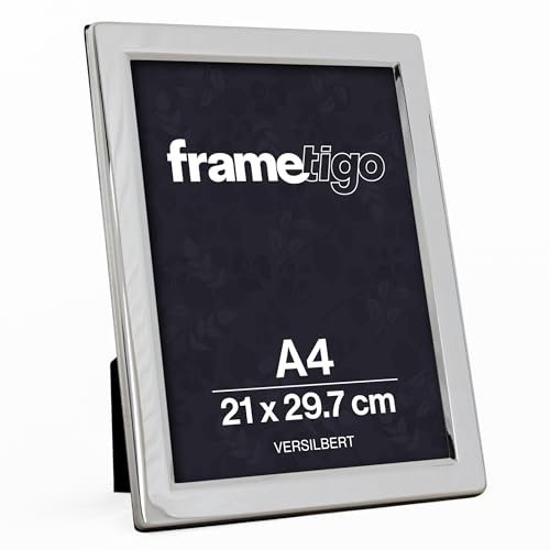 Frametigo - Silver Plated Flat Edge Photo Frame, A4/8.25”x11.75” (21x29.7cm) Photo Size - Velvet Frame Backing & Stand - Real Glass Window - Tarnish-Resistant - Landscape or Portrait Orientation