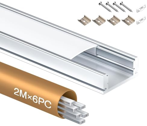 Shine Plus LED Profil U-Form 2m × 6 Stück, Schiene aus eloxiertem Aluminium, kanal für Streifen bis 12mm, diffusor für gleichmäßige Lichtverteilung (6×2 Meter)