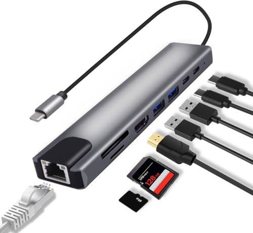 YARCHONN Estación de acoplamiento USB C 8 en 1, adaptador multipuerto tipo C a RJ45 Ethernet 87W PD carga USB 3.0 USB 2.0 HDMI lector de tarjetas SD/TF puertos de datos tipo C para portátiles