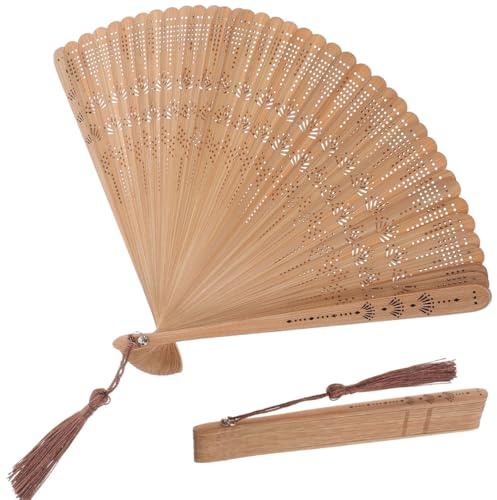 SOIMISS Bamboo Folding Hand Fan Vintage Chinese Japanese Style Silk Fabric Tassel Brown Portable Wooden Foldable Accessory for Women Wedding Party Dance Performance Stage Decoration 18x31.8cm
