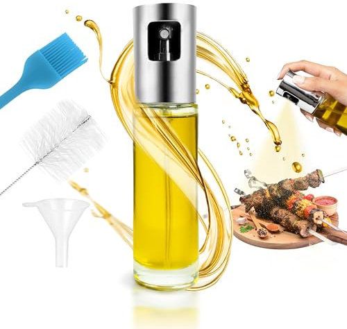 Oil Spray Bottle for Cooking with Stainless Steel Cap| 100ml Olive Oil Spray Bottle for Kitchen with Portion Control, Reusable Transparent Bottle Glass for BBQ, Salad, Baking