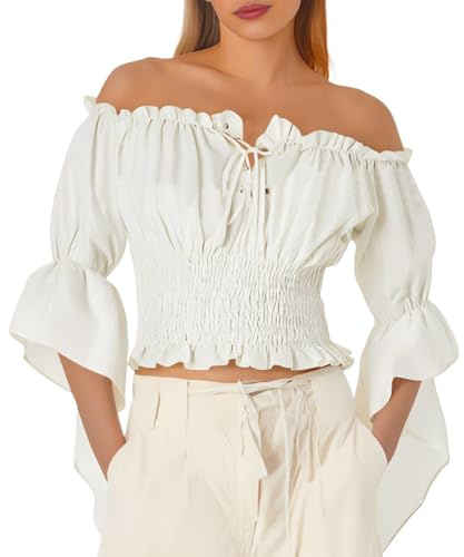 YOSUWOAI Blouse médiévale et renaissance pour femme, élégante, haut de style gothique, avec volants, chemise victorienne, déguisement de pirate, manches longues, bohème, plage, vacances, chemises, S