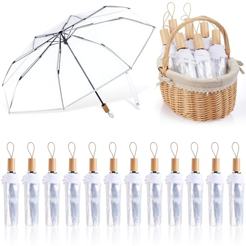 Sanwuta 12 Pcs Transparent Folding Umbrella Full Automatic Clear Foldable Auto Open Close Umbrellas for Wedding Rain