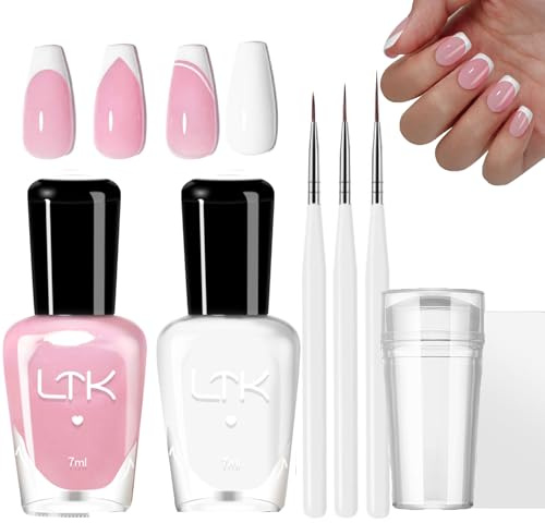 Maggidea French Manicure Kit, Nail Polish Set for French Tips, Jelly Pink White Nail Varnish Set, Quick Dry Nail Polish Kit with 3Pcs Nail Pen and Nail Stamper, for Home DIY Nail Art, No Need Cure