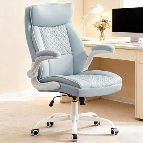 Hellove Chefsessel Bürostuhl 185kg Ergonomischer Kunstleder Schreibtischstuhl mit Verstellbarer Rückenlehne und Klappbaren Armlehnen, Drehstuhl mit Kopfstütze Computerstuhl Home Office Stuhl, Blau