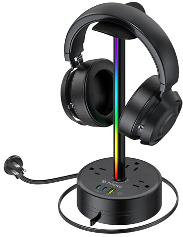 TROND Headphone Stand with PD 20W USB C Charger, RGB Gaming Headset Holder with 3 AC Outlets Extension, 5ft Retractable Power Strip Suitable for Gamer Desktop Table Game Earphone Accessories Gift