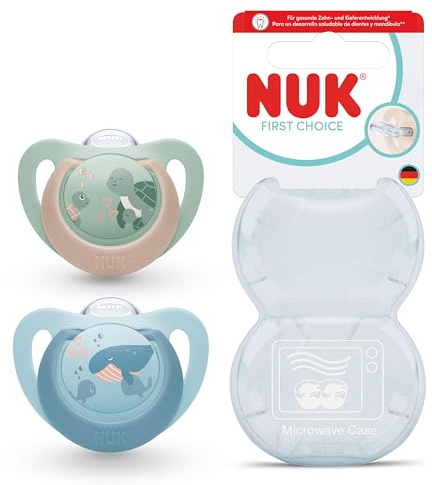 NUK First Choice nappflaskor | 6-18 månader | Ortodontiska nappar | Lugnar 99% av bebisar** | Sköldpadda & Val | 2 stycken
