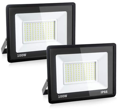 Fynokst 100W Faretto LED da Esterno, 10800LM Sovrilluminante Faro LED Esterno, 6000K Luce Bianca Fredda, IP66 Waterpoof Faretti per Giardino, Garage, Campo sportivo, 2 Pezzi