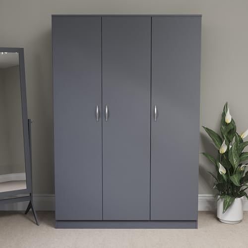 Vida Designs Riano 3 Door Wardrobe | Grey | Bedroom Furniture | 170H x 115.4W x 53D cm | with Shelf & Hanging Rail | Large Capacity Storage