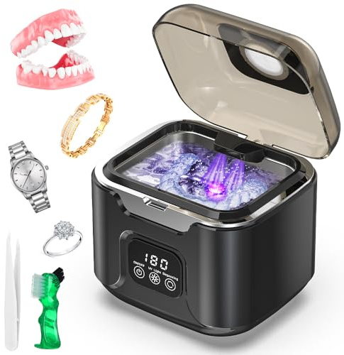 Triler Ultrasonic Retainer Cleaner Portable 48kHz Ultrasonic Cleaning Machine with 240ml Capacity, Digital Mouth Guard Cleaner with Timer for Denture, Aligner, Jewelry (Black)