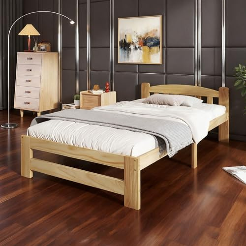 Cama de madera maciza de 90 x 200 cm, color natural, futón individual con cabecero, incluye somier, para jóvenes y adultos
