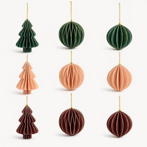 Weihnachtsbaumschmuck aus Papier – 9er Set in 3 Farben & 3 Motiven, Papier Weihnachtskugeln für Weihnachtsbaum & Christbaum, nachhaltiger Baumschmuck, dekorative Weihnachtsdeko
