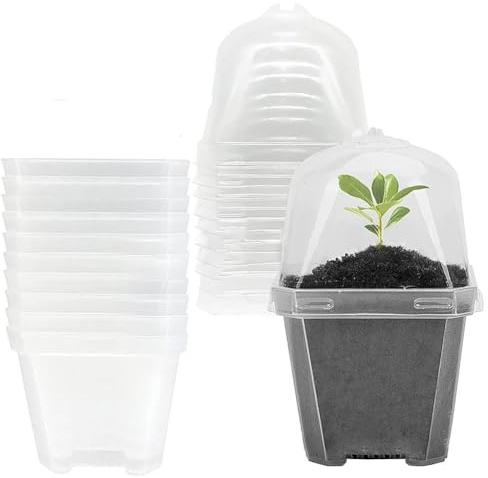 MoSundi Macetas de vivero con cúpula de humedad – 10 macetas cuadradas de plástico para suculentas y mini plantas de paisaje, blanco/negro/transparente, 13,5 cm